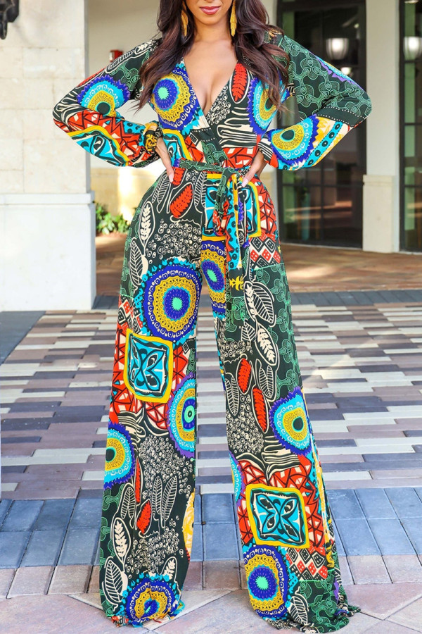 Multicolor Fashion Casual Print Bandage Patchwork V Neck Regular Jumpsuits