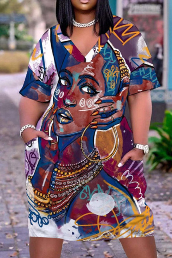 Dark Purple Fashion Casual Print Patchwork V Neck Short Sleeve Dress