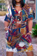 Dark Purple Fashion Casual Print Patchwork V Neck Short Sleeve Dress