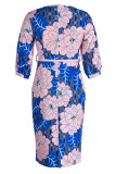 Blue Casual Elegant Print Patchwork O Neck Pencil Skirt Dresses(Contain The Belt)