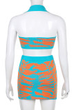 Blue Sexy Print Patchwork Buckle Turndown Collar Sleeveless Two Pieces