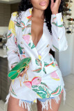White Fashion Print Turn-back Collar Outerwear