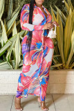 Pink Fashion Casual Print Patchwork Turndown Collar Long Sleeve Dresses