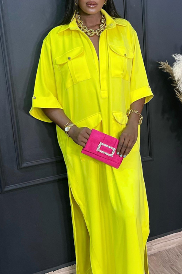 Yellow Fashion Daily Basis Solid Shirt Collar Dresses