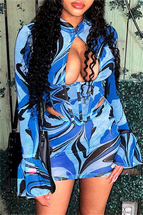 Blue Fashion Sexy Print Hollowed Out Patchwork Half A Turtleneck Long Sleeve Two Pieces