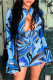 Blue Fashion Sexy Print Hollowed Out Patchwork Half A Turtleneck Long Sleeve Two Pieces