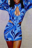 Blue Fashion Sexy Print Hollowed Out Patchwork Half A Turtleneck Long Sleeve Two Pieces