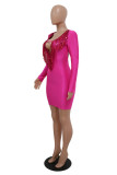 Rose Red Fashion Sexy Patchwork Tassel Sequins Patchwork V Neck Long Sleeve Dresses