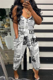 White Sexy Casual Print Backless Spaghetti Strap Regular Jumpsuits