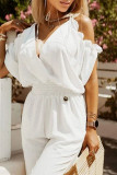White Fashion Casual Solid Bandage Patchwork Backless V Neck Regular Jumpsuits