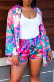 Rose Red Fashion Casual Print Bandage Cardigan Turndown Collar Long Sleeve Two Pieces