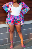 Rose Red Fashion Casual Print Bandage Cardigan Turndown Collar Long Sleeve Two Pieces