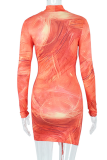 Orange Sexy Print Patchwork Half A Turtleneck Pencil Skirt Dresses
