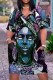 Dark Green Fashion Casual Print Patchwork V Neck Short Sleeve Dress