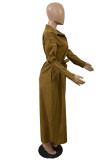Army Green Fashion Casual Solid Patchwork With Belt Turndown Collar Long Sleeve Dresses