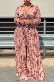 Pink Fashion Casual Print Patchwork Turndown Collar Long Sleeve Two Pieces
