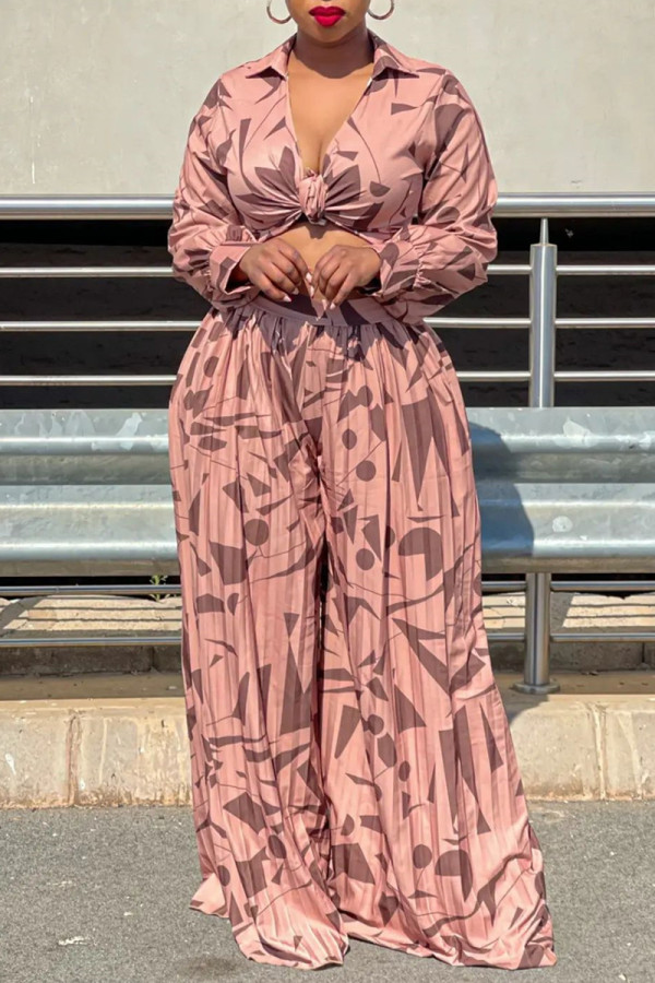 Pink Fashion Casual Print Patchwork Turndown Collar Long Sleeve Two Pieces