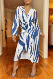 Blue Fashion Striped Print Frenulum Fold Dresses