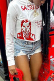 White Fashion Street Print Pullovers Hooded Collar Tops
