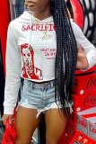 White Fashion Street Print Pullovers Hooded Collar Tops