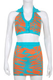 Blue Sexy Print Patchwork Buckle Turndown Collar Sleeveless Two Pieces