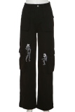 Grey Fashion Print Patchwork Mid Waist Straight Positioning Print Bottoms