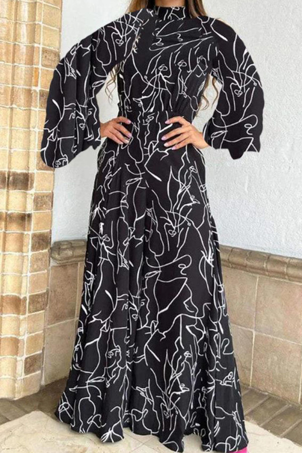 Black Fashion Casual Print Patchwork Half A Turtleneck Loose Jumpsuits