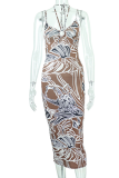 Brown Sexy Print Patchwork Halter Pencil Skirt Dresses