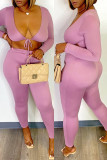 Pink Purple Fashion Sexy Solid Bandage V Neck Long Sleeve Two Pieces