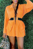 Orange Casual Solid Shirt Collar Long Sleeve Two Pieces