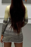 Grey Sexy Print Patchwork U Neck Pencil Skirt Dresses