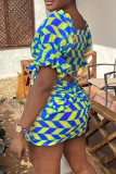 Blue Sexy Print Patchwork V Neck Short Sleeve Two Pieces