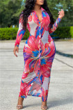 Pink Fashion Casual Print Patchwork Turndown Collar Long Sleeve Dresses
