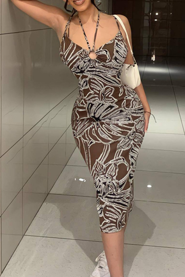 Brown Sexy Print Patchwork Halter Pencil Skirt Dresses