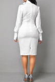 White Elegant Solid Patchwork With Bow Half A Turtleneck One Step Skirt Dresses