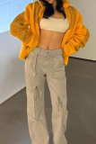 Grey Fashion Print Patchwork Mid Waist Straight Positioning Print Bottoms