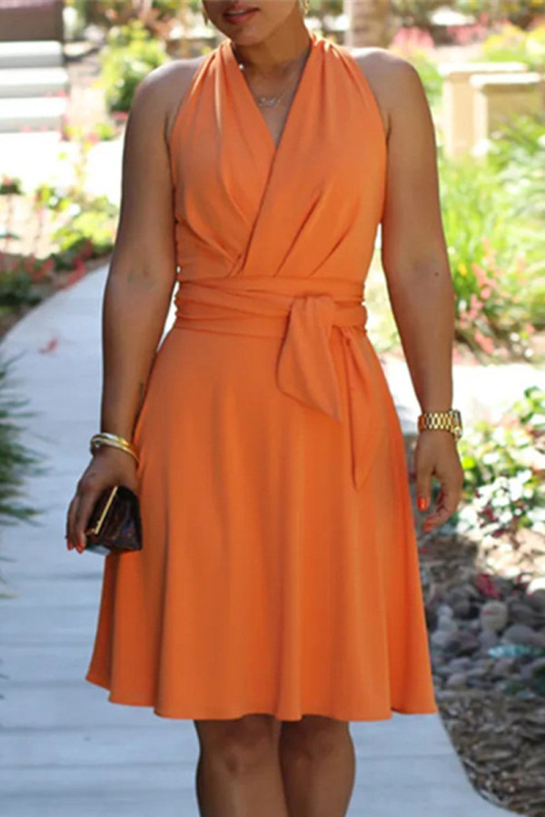 Orange Fashion Casual Solid Bandage V Neck Sleeveless Dress Dresses