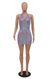 Purple Fashion Sexy Patchwork Bandage Sequins Backless Halter Sleeveless Dress