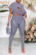 Silver Gray Sexy Print Mesh One Shoulder Short Sleeve Two Pieces