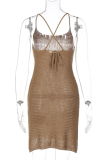 Brownness Sexy Solid Patchwork Spaghetti Strap Pencil Skirt Dresses