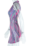 Colour Sexy Print Patchwork Turndown Collar Pencil Skirt Dresses