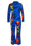 Cyan Casual Print Patchwork Buckle Turndown Collar Long Sleeve Two Pieces