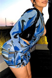 Blue Fashion Sexy Print Hollowed Out Patchwork Half A Turtleneck Long Sleeve Two Pieces