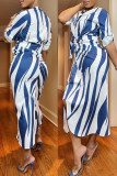 Blue Fashion Striped Print Frenulum Fold Dresses