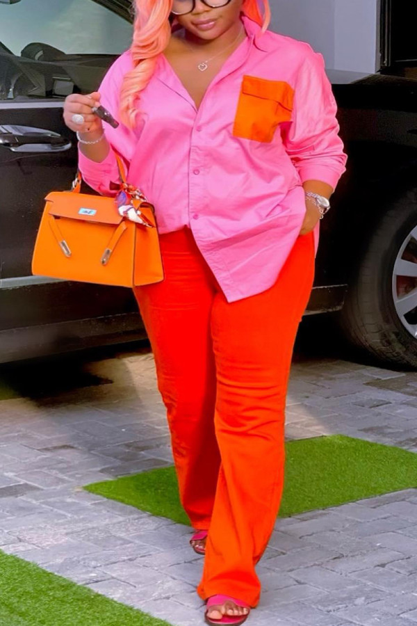 Pink Plus Size Fashion Patchwork Shirt Collar Two Pieces