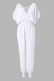 White Fashion Casual Solid Bandage Patchwork Backless V Neck Regular Jumpsuits