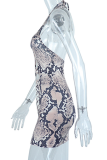 Snake Print Sexy Animal Print Patchwork Halter Pencil Skirt Dresses