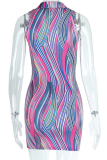 Colour Sexy Print Patchwork Turndown Collar Pencil Skirt Dresses