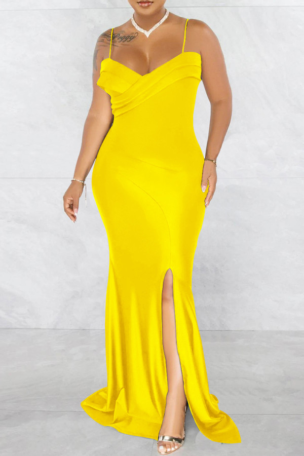 Yellow Fashion Sexy Solid Backless Slit Spaghetti Strap Evening Dress