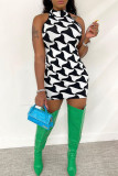 Black White Sexy Plaid Print Patchwork Half A Turtleneck Pencil Skirt Dresses